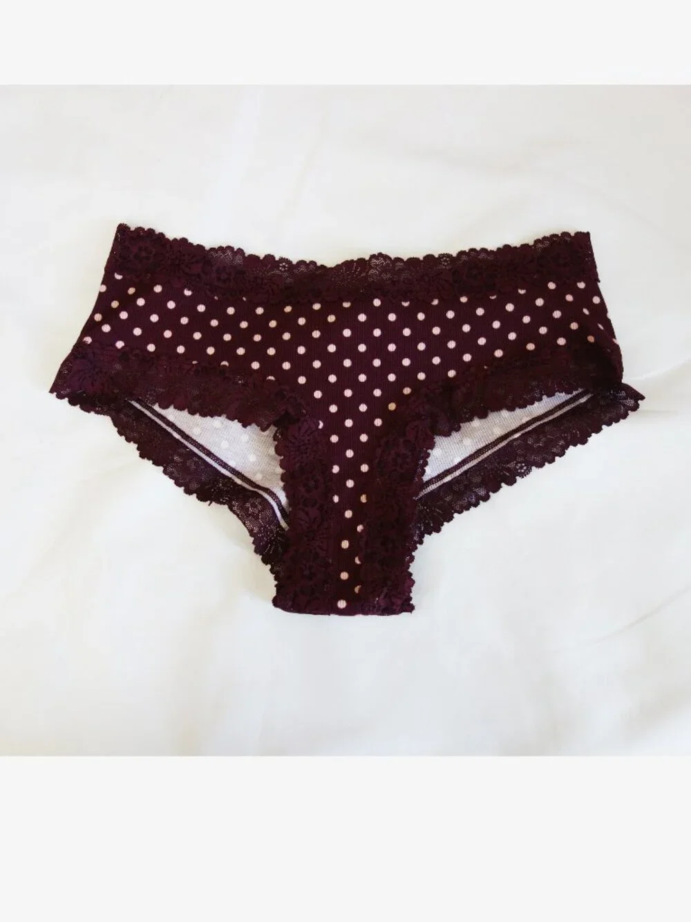 Victoria's Secret PINK WINK LACE-TRIM CHEEKY PANTY Polka Dots Burgundy (M) NWT!